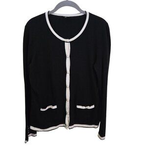 Talbots Classic Black Cream Pearl Button Cardigan Sweater Quiet Luxury Size M